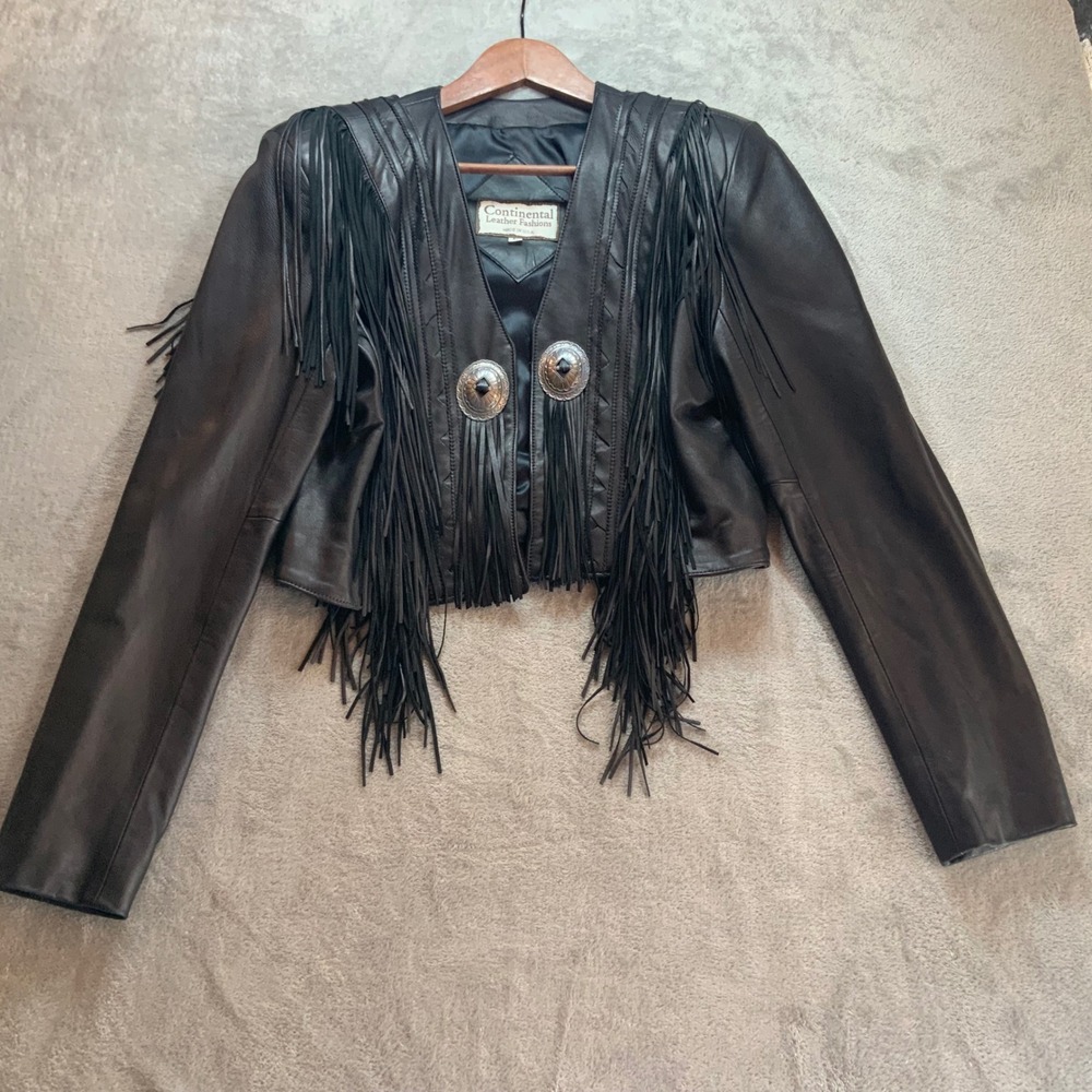 Vintage Continental Leather Fashions Black Fringe Concho Western Jacket USA L